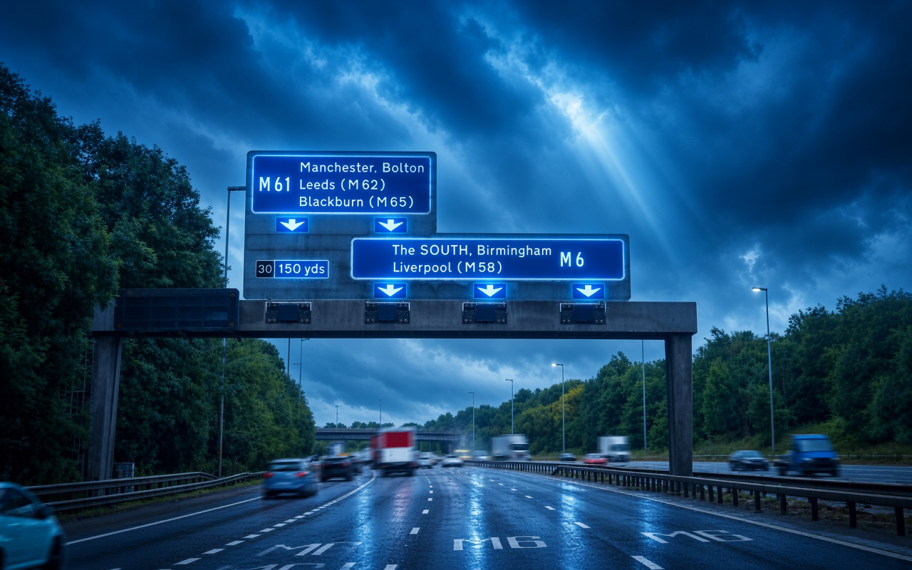 Motorway sign gantry over the M61 and M6 at dusk with traffic below